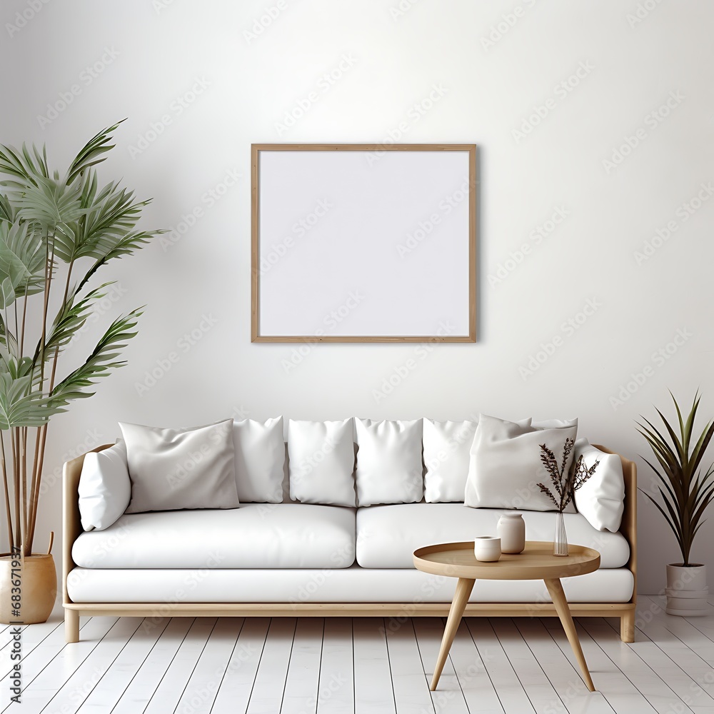 Interior design of modern living room with empty blank mock up poster frame and cozy sofa. Scandinavian interior design of modern stylish living room. Interior design of modern living room with empty blank mock up poster frame and cozy sofa. Scandinavian interior design of modern stylish living room.