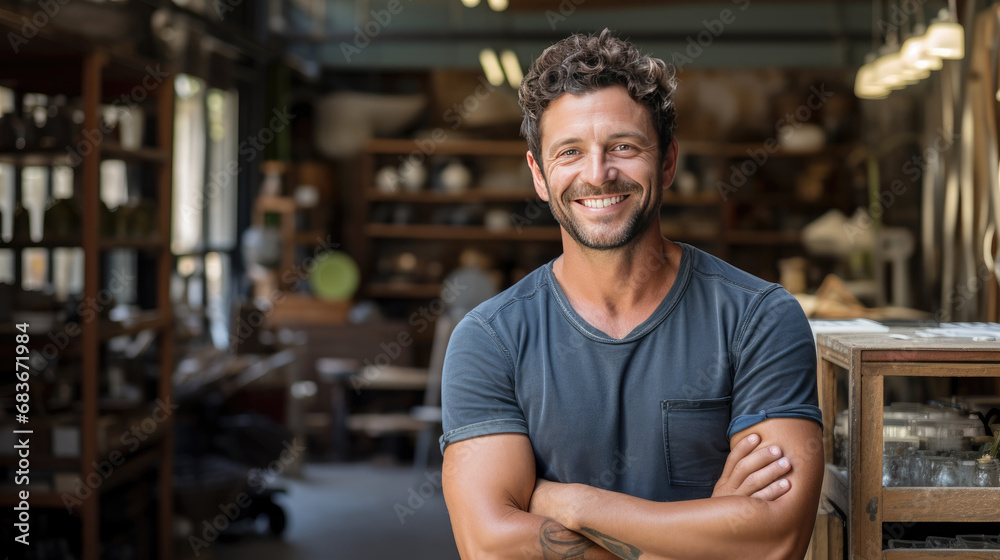 Creative male craftsman smiling and standing in his workshop Creative male craftsman smiling and standing in his workshop