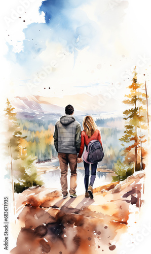 Digital watercolor painting of a couple walking on the shore of Lake Tahoe. Valentine's Day.