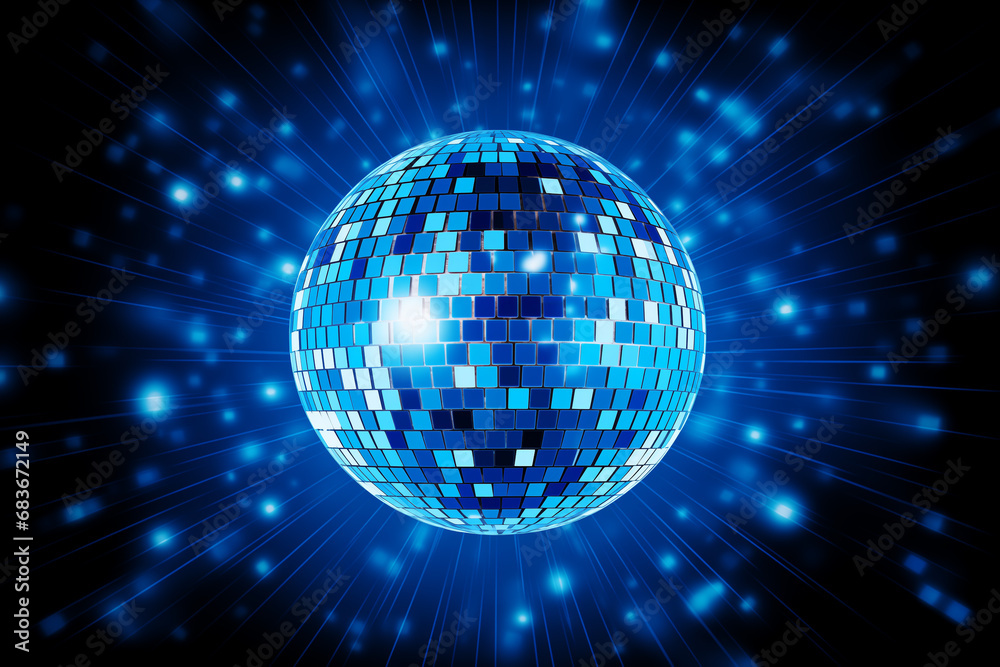 Obraz premium Discokugel in cyan blau mit Lichtern und Lichteffekten und mit Platz für Text. Querformat. Generative Ai.