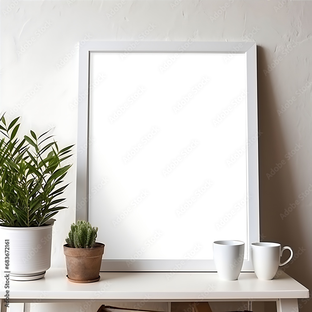 Blank vertical poster frame mockup in cozy home interior background. Photo Frame Mockup Luxurious with white wall background