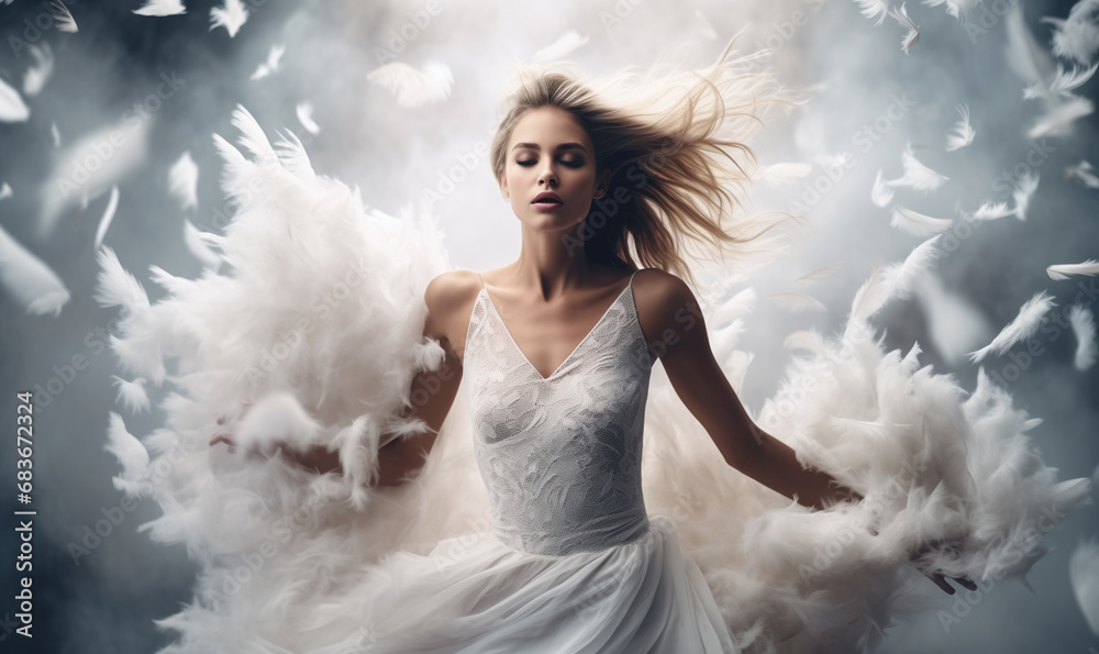 blond woman in white dress having a party while standing under feathers rain blond woman in white dress having a party while standing under feathers rain
