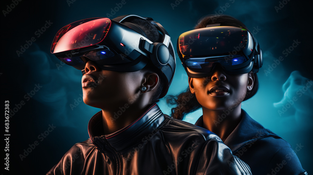 Kids with digital glasses, Joyful young girl and boy in virtual reality glasses in cyber space isolated on Christmas winter background copy space, Happy girl in the VR glasses