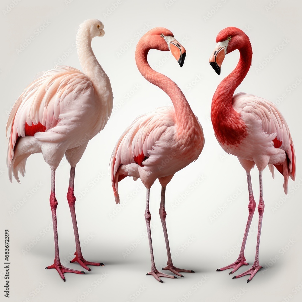 Obraz premium Flamingo Bird Many Angles View Portrait, Isolated On White Background, For Design And Printing