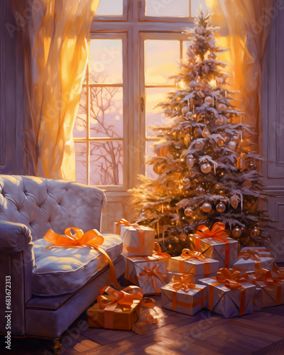 Christmas tree with gifts, white sofa in front of Christmas tree, in the style of light orange, luxurious