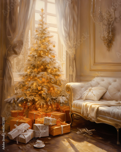 living room with Christmas tree, white sofa in front of Christmas tree, in the style of light orange, luxurious