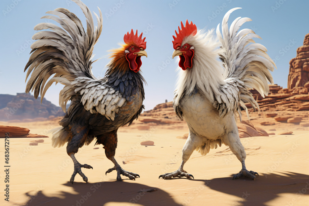 Two chickens flap their wings - obrazy, fototapety, plakaty 