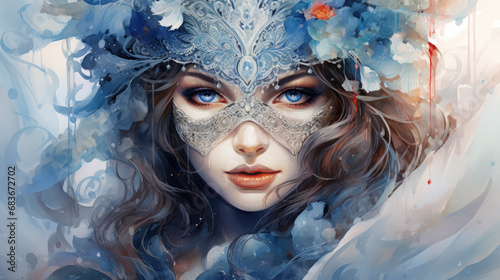 Portrait of masked woman on a light bluish background. Watercolor, drawing, illustration, paint of carnival mask in blue tones generated by AI.