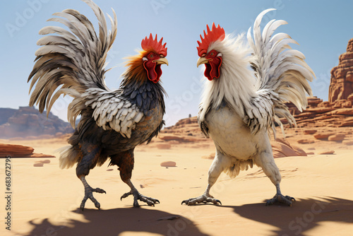 Two chickens flap their wings photo