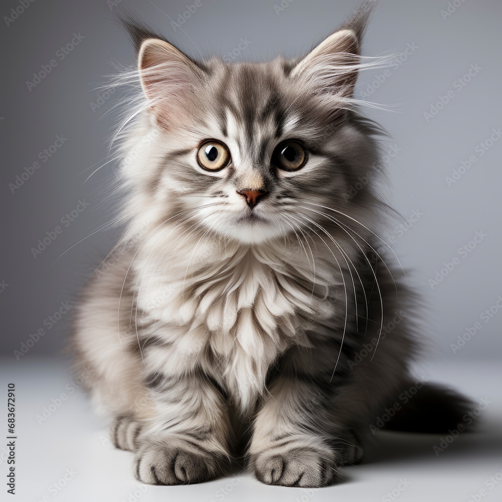 Funny Large Longhair Gray Kitten Beautiful, Isolated On White Background, For Design And Printing