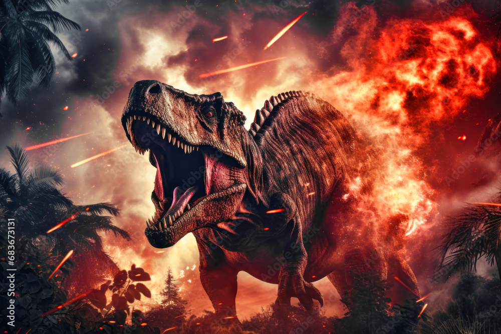 Tyrannosaurus T-rex ,dinosaur on smoke and fire background. Global catastrophe. A dinosaur escapes from the flames. Tyrannosaurus T-rex ,dinosaur on smoke and fire background. Global catastrophe. A dinosaur escapes from the flames.