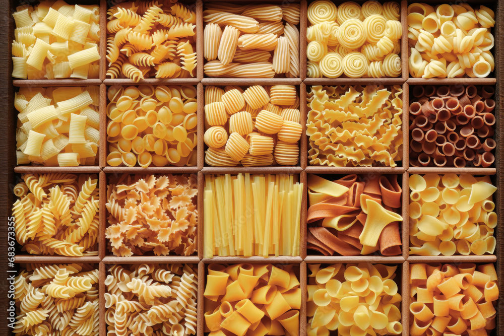 Still life with many different types of pasta. Pasta made from durum wheat of different colors and sizes. Large selection of pasta.