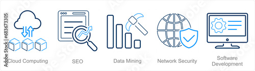 A set of 5 Hard Skills icons as cloud computing, seo, data mining