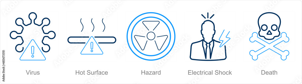 A set of 5 Hazard Danger icons as virus, hot surface, hazard A set of 5 Hazard Danger icons as virus, hot surface, hazard