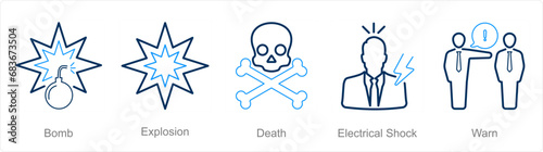 A set of 5 Hazard Danger icons as bomb, explosion, death, electrical shock