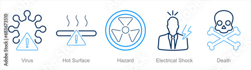 A set of 5 Hazard Danger icons as virus, hot surface, hazard
