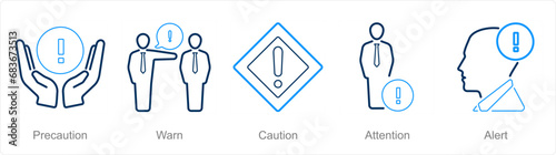 A set of 5 Hazard Danger icons as precaution, warn, caution
