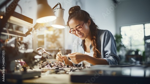 A young woman who invents things is making things in her workshop photo