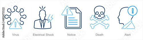 A set of 5 Hazard Danger icons as virus, electrical shock, notice
