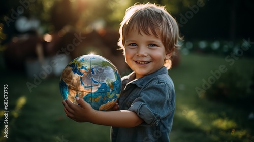 Cheerful boy holding an earth icon