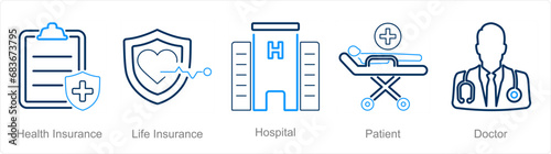 A set of 5 Health Checkup icons as health insurance, life insurance, hospital