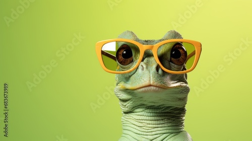 chameleon in sunglass shade glasses isolated on solid pastel background  commercial  editorial advertisement  surreal surrealis