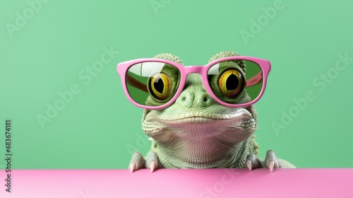 frog in sunglass shade glasses isolated on solid pastel background, for commercial, editorial advertisement, 