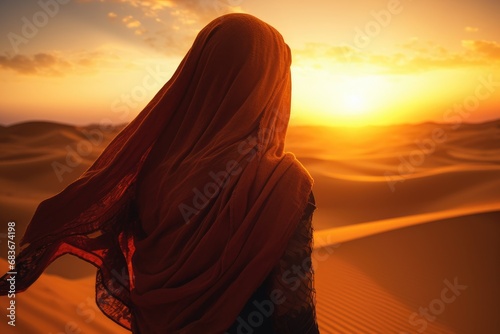Arabic woman in the desert with sand dunes at sunset, Arabian woman in the desert at sunset travel conception, AI Generated