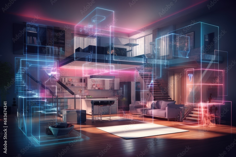 Modern living room interior with white sofa, coffee table and abstract glowing lights. 3D Rendering, Beautiful modern house interior with a digital hologram effect overlay, AI Generated Modern living room interior with white sofa, coffee table and abstract glowing lights. 3D Rendering, Beautiful modern house interior with a digital hologram effect overlay, AI Generated