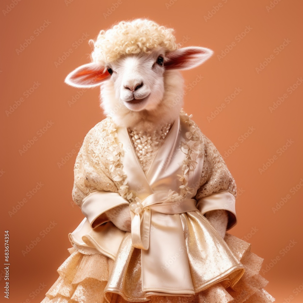 Sheep Lamb in glam fashionable couture high end outfits isolated on bright background advertisement, copy space.