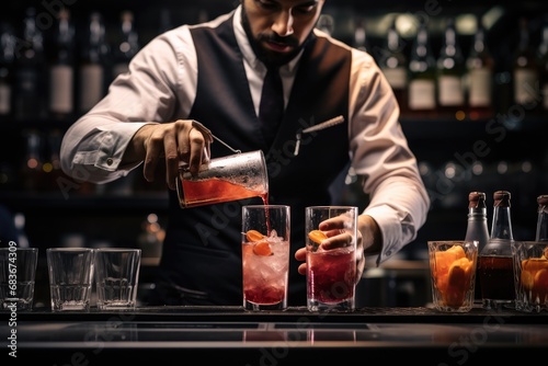 Barman is making a cocktail at the bar counter in a nightclub, Bartender pouring a cocktail, AI Generated