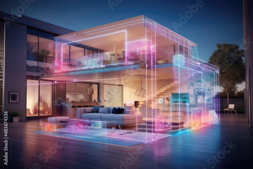 3d rendering of modern living room design with windows and lights, Beautiful modern home interior with a digital instruction hologram overlay, AI Generated © Ifti Digital