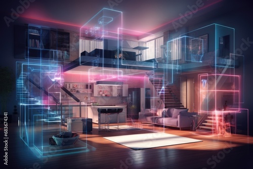Modern living room interior with white sofa, coffee table and abstract glowing lights. 3D Rendering, Beautiful modern house interior with a digital hologram effect overlay, AI Generated