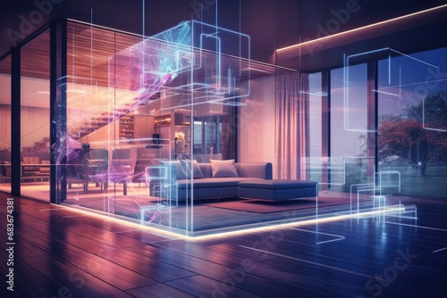 Interior of modern living room with glowing lights. 3D rendering, Beautiful modern house interior with a digital hologram effect overlay, AI Generated