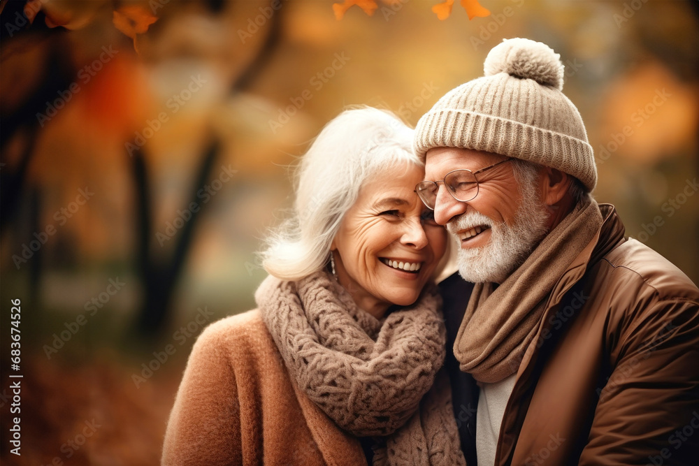An elderly couple, a man and a woman, hugging in an autumn park. They look at each other with a loving gaze. Old people on a walk. Relationships in old age. Love and romance. An elderly couple, a man and a woman, hugging in an autumn park. They look at each other with a loving gaze. Old people on a walk. Relationships in old age. Love and romance.