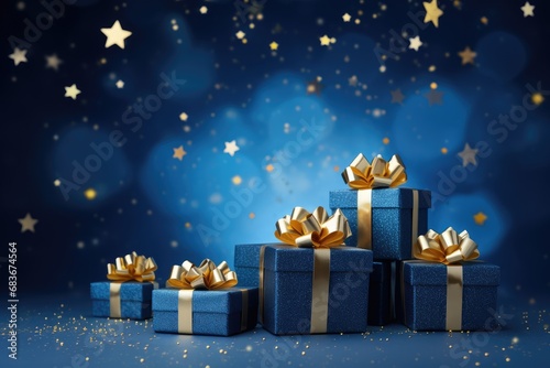 Blue gift boxes with golden bows on bokeh background. 3d rendering, blue gifts with golden bows and ribbons placed on blue background near stars, AI Generated