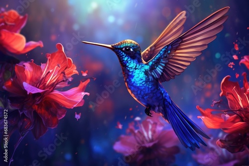 Beautiful hummingbird on a flower background. 3D rendering, Blue hummingbird Violet Sabrewing flying next to beautiful red flower, AI Generated photo