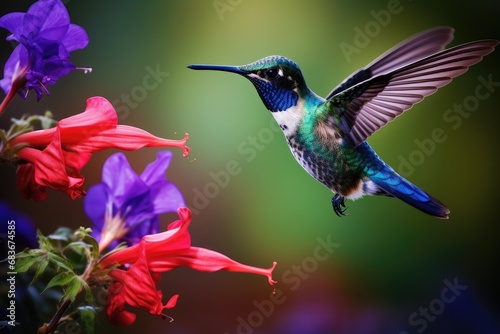 Hummingbird with flower in the background. Hummingbird in flight with flowers, Blue hummingbird Violet Sabrewing flying next to beautiful red flower, AI Generated