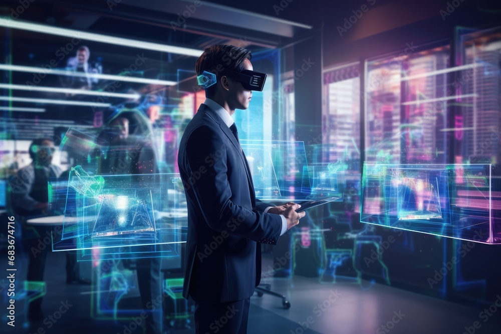 Businessman wearing virtual reality goggles against glowing x-ray image in office, Businessman wearing VR and using AI technology hologram at work, captured from the rear view, AI Generated