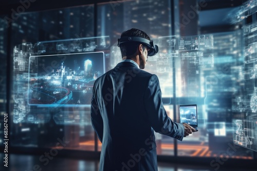 Businessman using virtual reality headset against hologram screen in office interior, Businessman wearing VR and using AI technology hologram at work, captured from the rear view, AI Generated