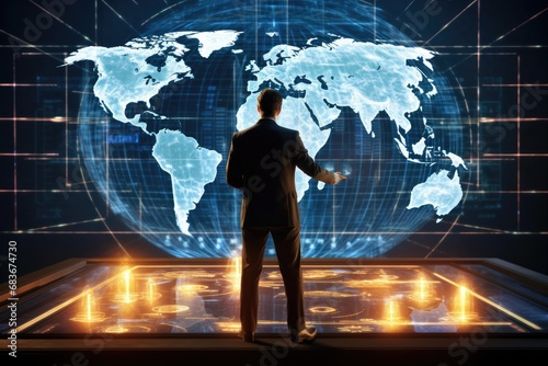 Businessman standing in front of the virtual world map on a futuristic background, Businessman working on a hologram displaying a global map, captured from the rear view, AI Generated