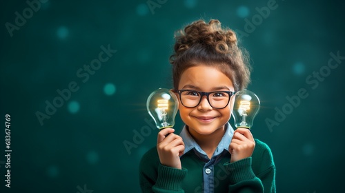 Clever kid with an idea standing in front of a green chalkboard