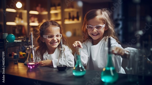 Happy girls doing science tests