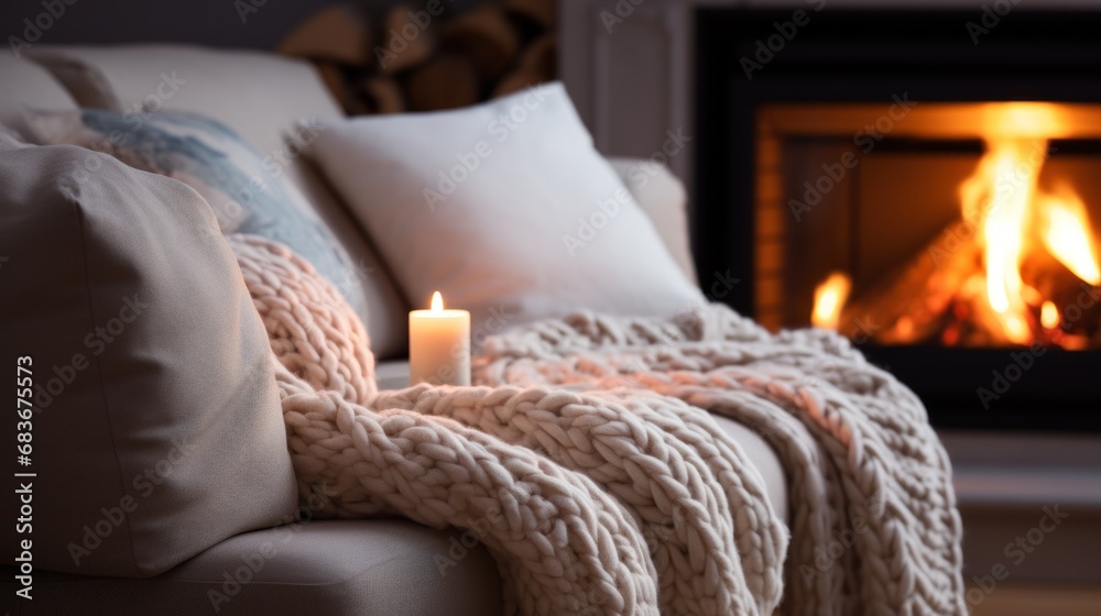 Close up of loveseat sofa with knitted blanket by fireplace. Close up of loveseat sofa with knitted blanket by fireplace.