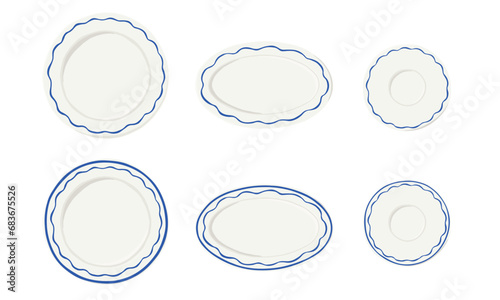 Dish plates with wavy blue line. Top view. Hand drawn  illustration vector.
