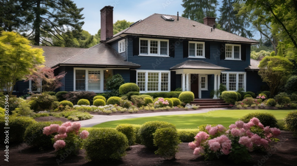 Colonial style brick family house exterior with black roof tiles. Colonial style brick family house exterior with black roof tiles.
