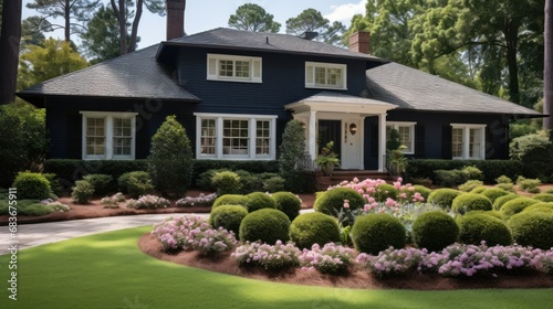 Colonial style brick family house exterior with black roof tiles.