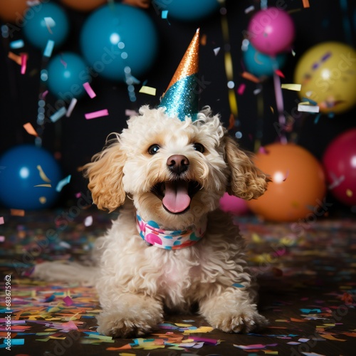 Cute small funny dog with a party hat celebrating birthday . Dog birthday party. maltipoo