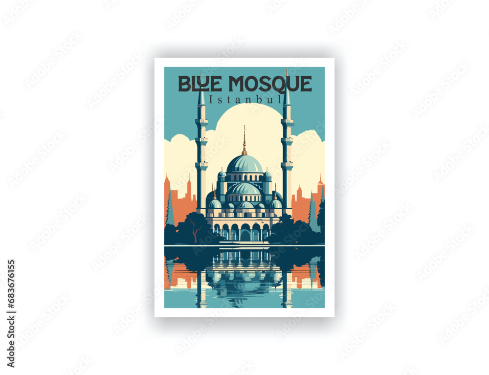 Fototapeta premium Blue Mosque, Istanbul. Vintage Travel Posters. Vector illustration. Famous Tourist Destinations Posters Art Prints Wall Art and Print Set Abstract Travel for Hikers Campers Living Room Decor 