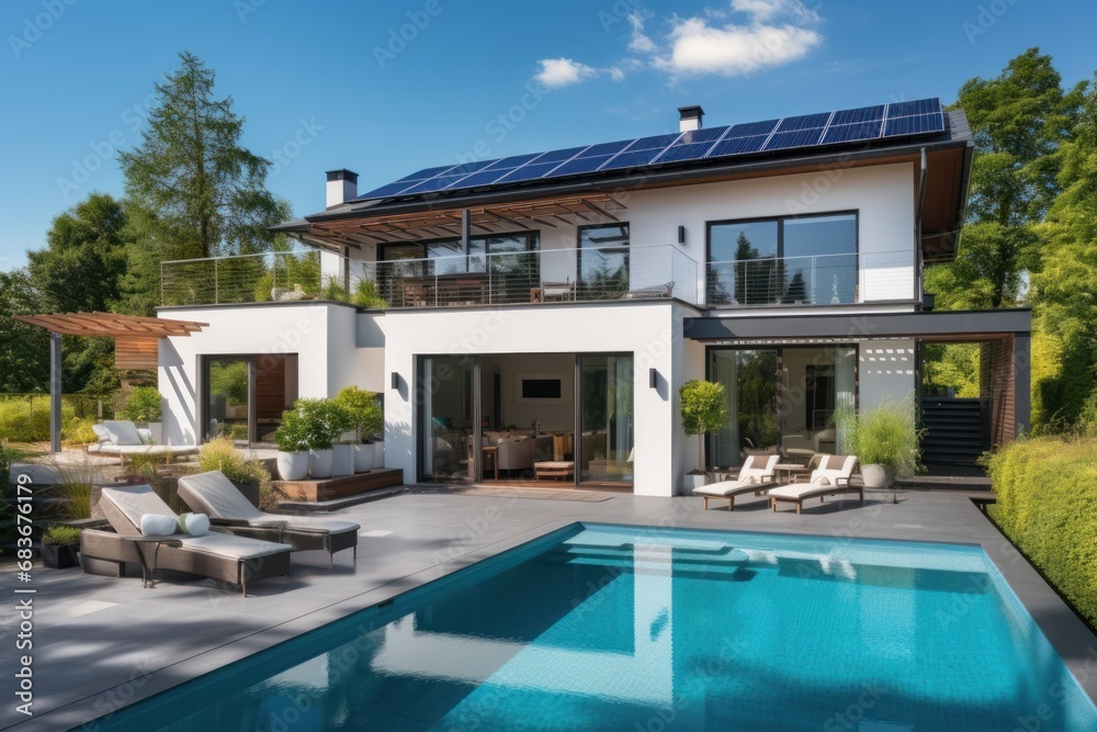 Exterior of beautiful modern house with solar panels on roof. Luxury